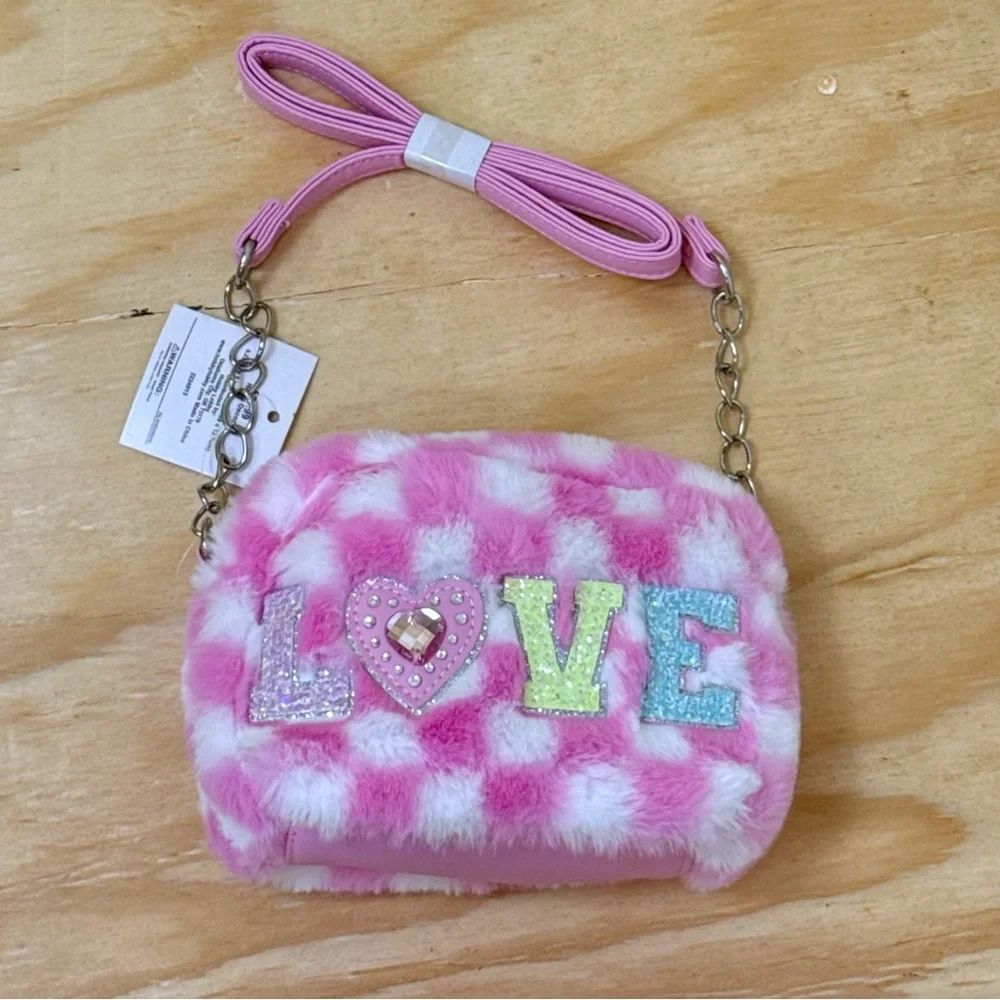 Girls Tween Pink Fuzzy Crossbody Purse LOVE Glitter Mini Bag NWT